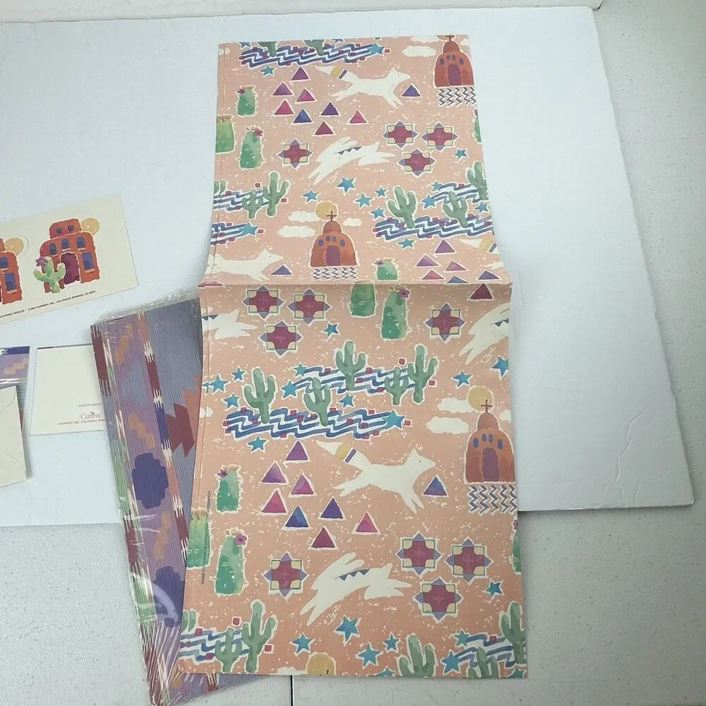 Vintage Lot 6 Flat Fold Gift Wrapping Paper Sets 90s Southwest Cactus Geometric